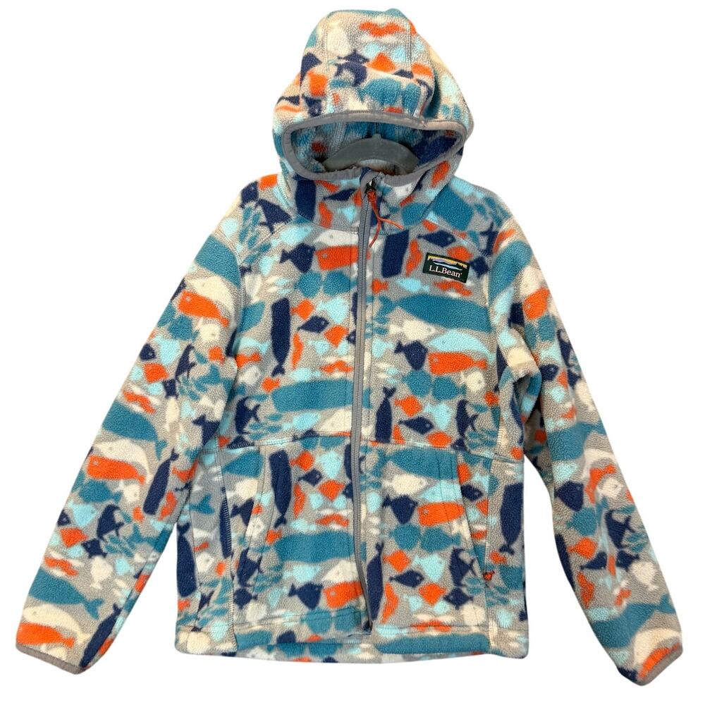 LL Bean Kids' Mountain Classic Fleece Hooded Jacket Fish Whale Shark Print Boy 8